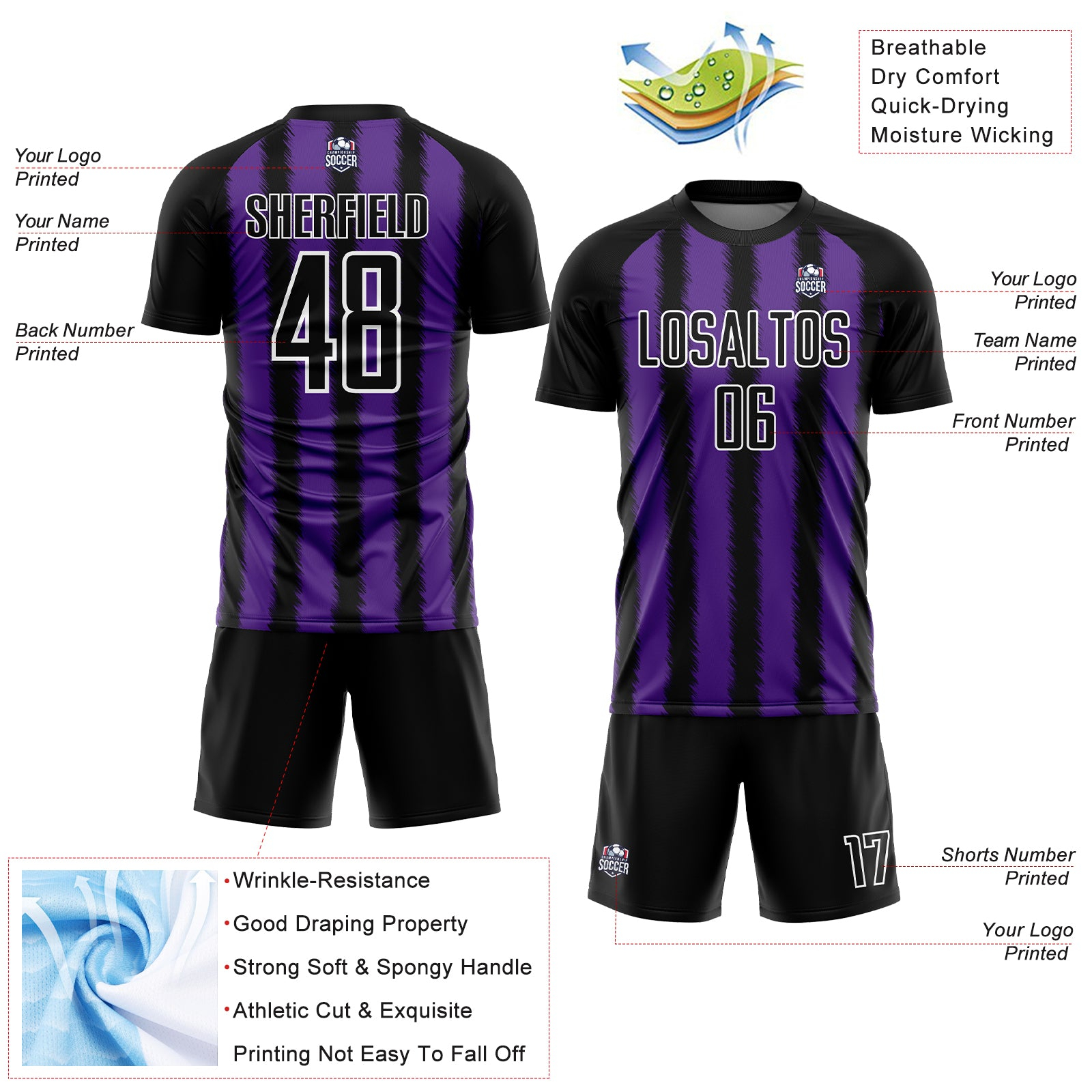 Custom Black Purple-White Line Sublimation Soccer Uniform Jersey