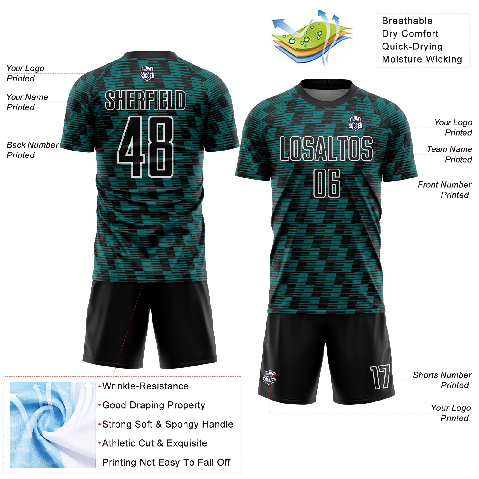 Custom Black Teal-White Line Sublimation Soccer Uniform Jersey