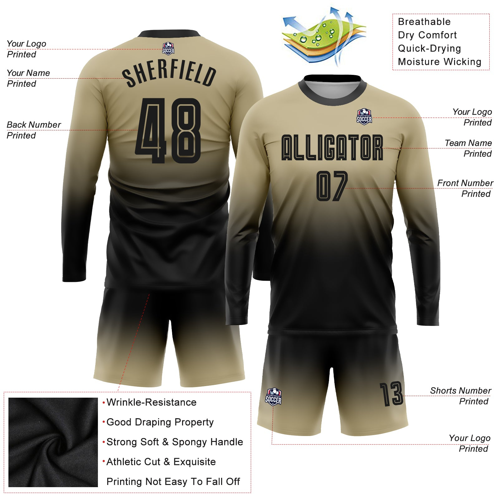 Custom Vegas Gold Black Sublimation Long Sleeve Fade Fashion Soccer Uniform Jersey