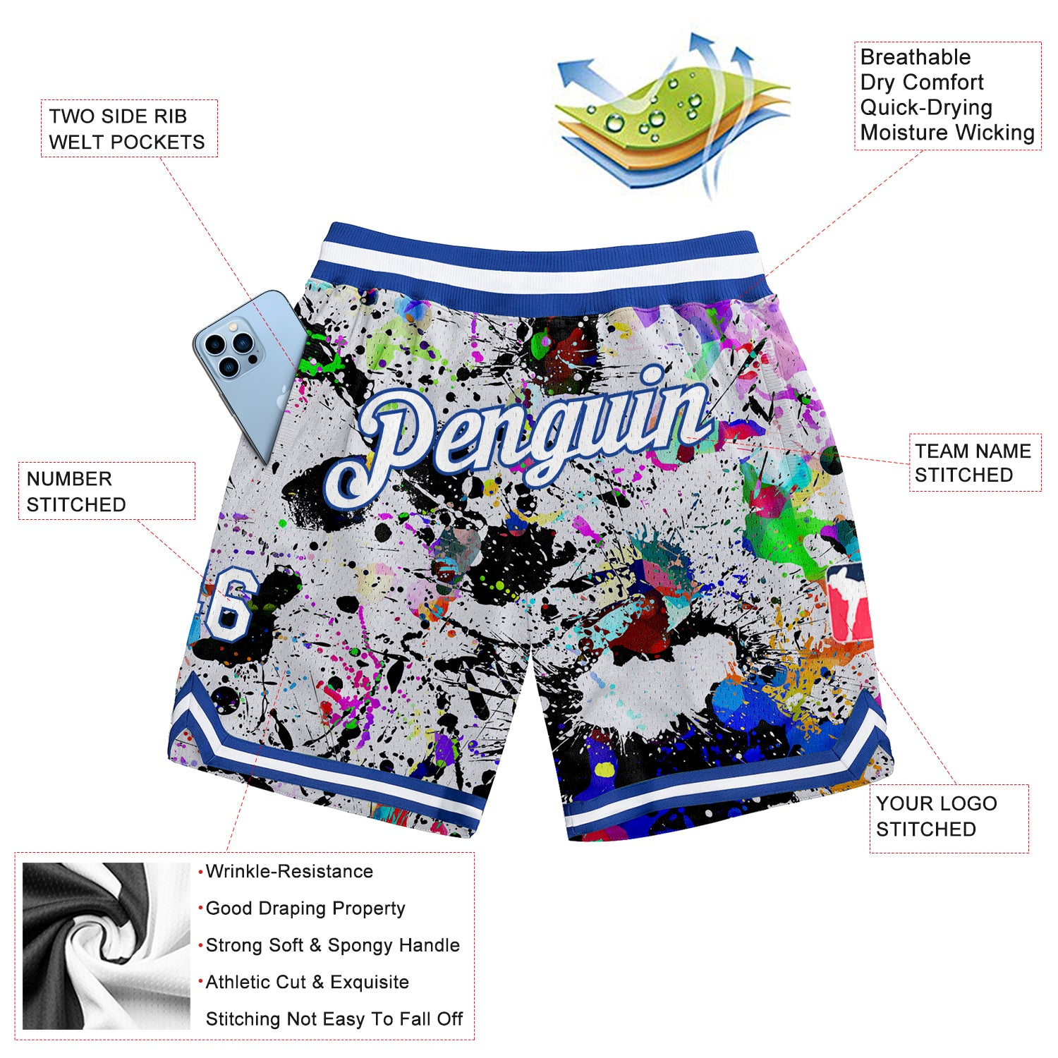 Custom Graffiti Pattern White-Royal 3D Authentic Basketball Shorts