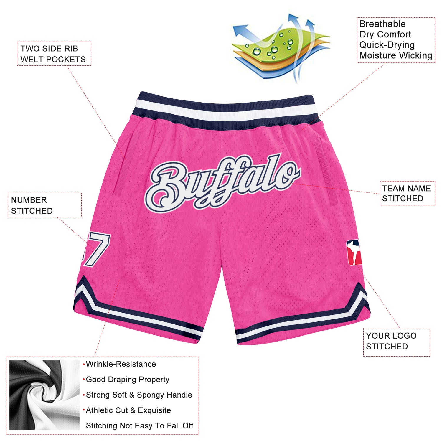 Custom Pink White-Navy Authentic Throwback Basketball Shorts