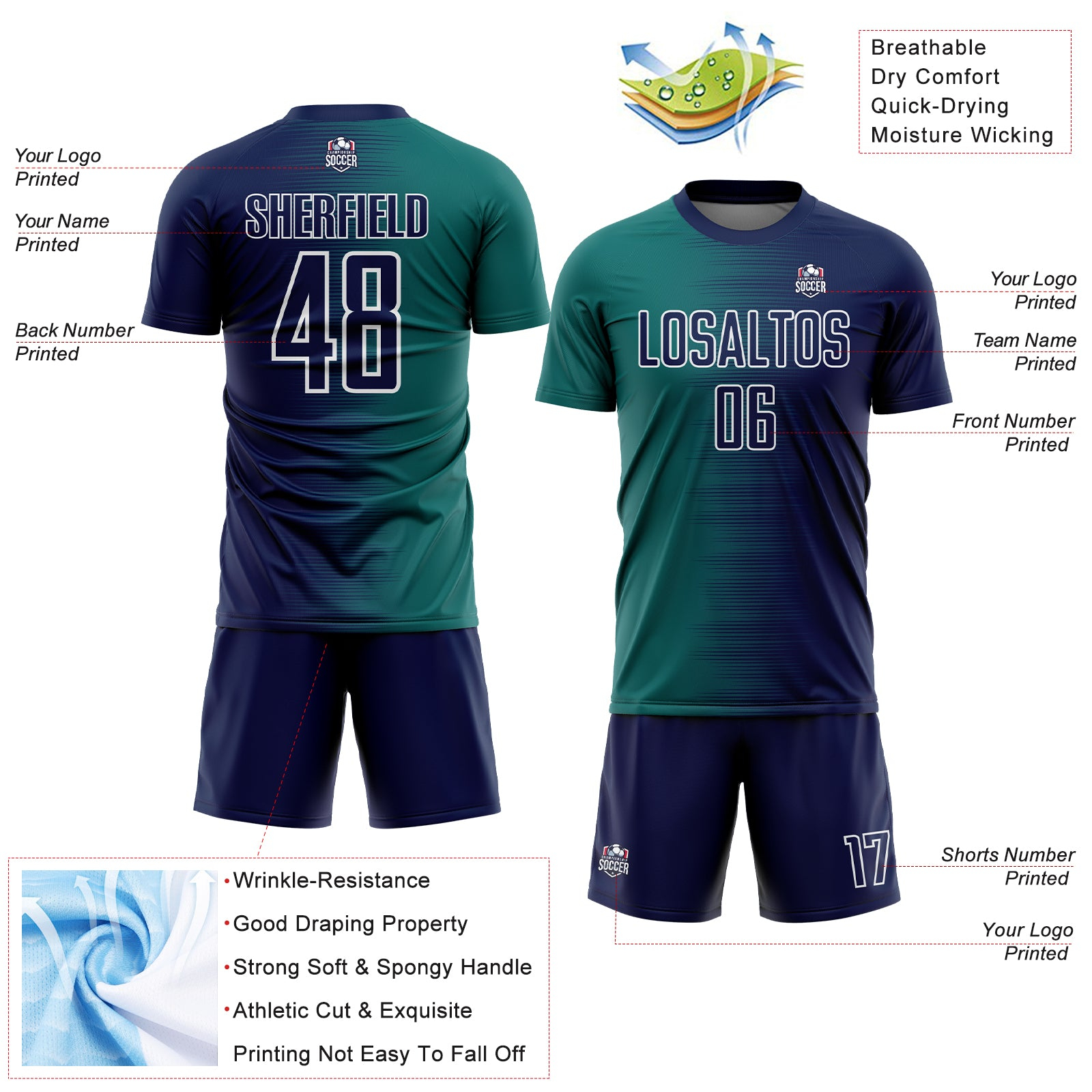Custom Navy Teal-White Gradient Line Sublimation Soccer Uniform Jersey