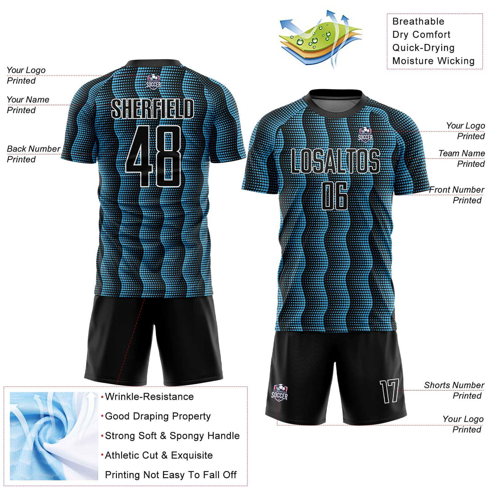 Custom Black Sky Blue-White Geometric Shape Sublimation Soccer Uniform Jersey