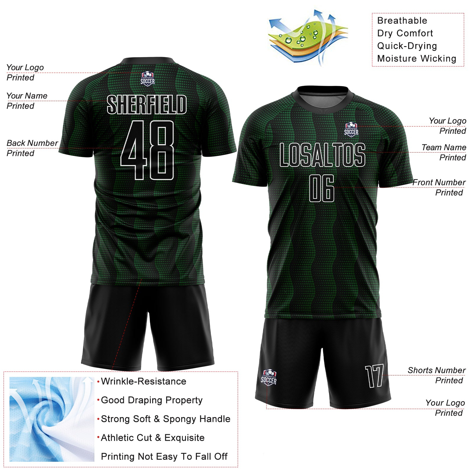 Custom Black Green-White Geometric Shape Sublimation Soccer Uniform Jersey