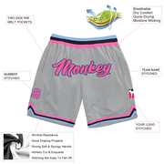 Custom Gray Pink-Light Blue Authentic Throwback Basketball Shorts