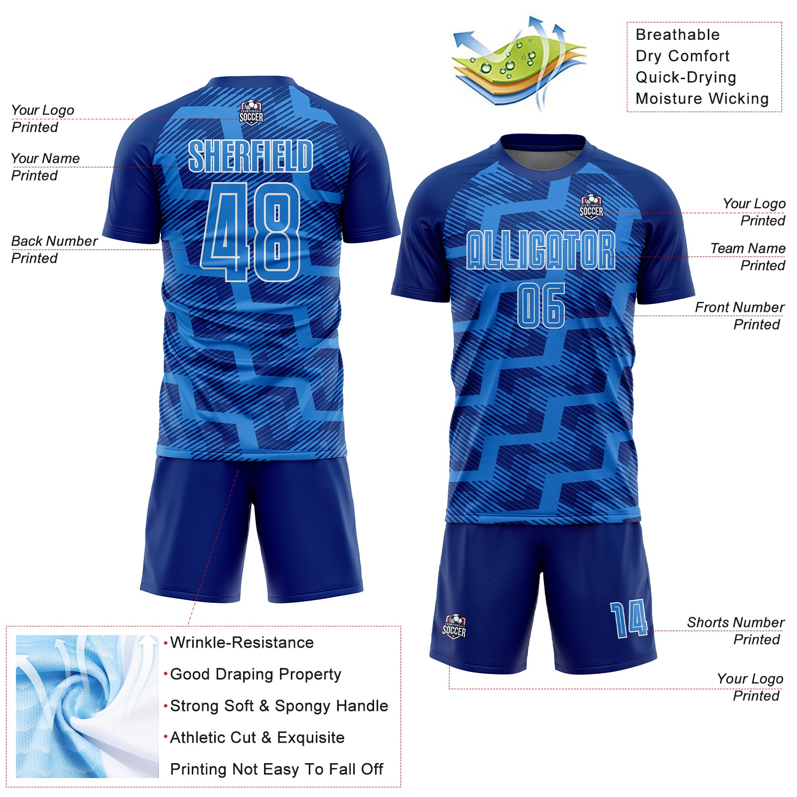 Custom Royal Powder Blue-White Line Sublimation Soccer Uniform Jersey