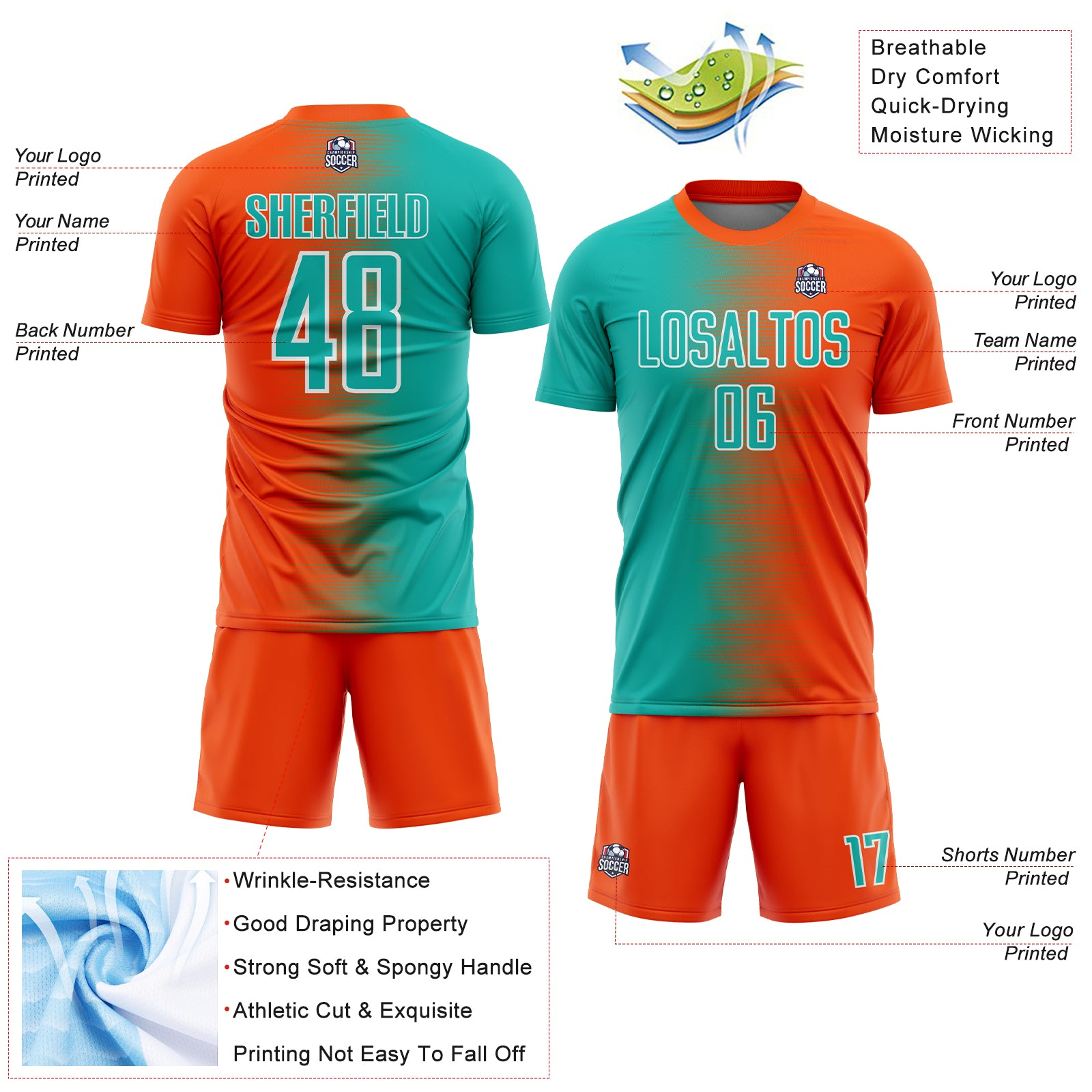 Custom Orange Aqua-White Gradient Line Sublimation Soccer Uniform Jersey