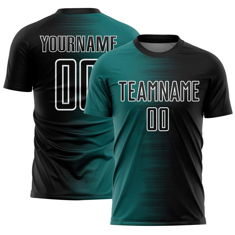Custom Black Teal-White Gradient Line Sublimation Soccer Uniform Jersey
