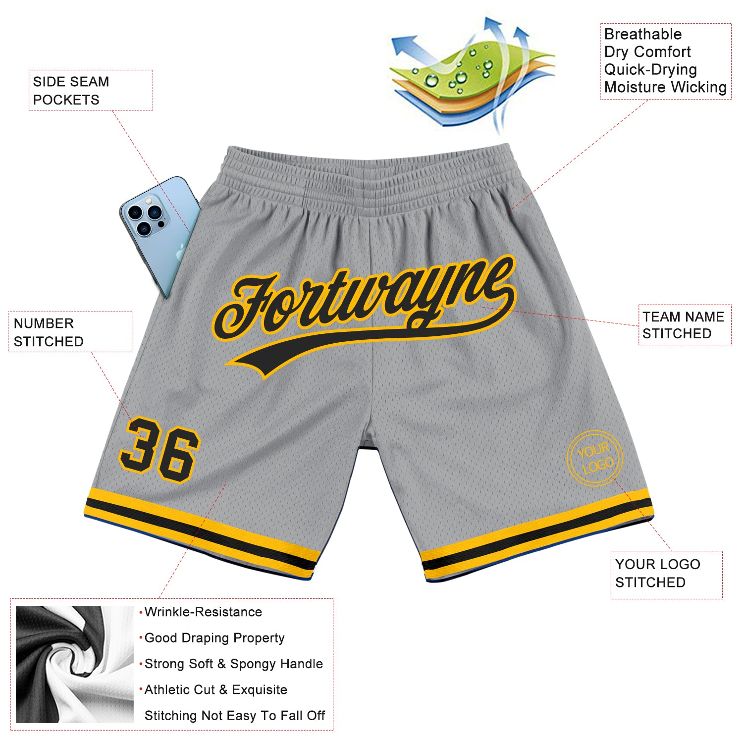 Custom Gray Black-Gold Authentic Throwback Basketball Shorts