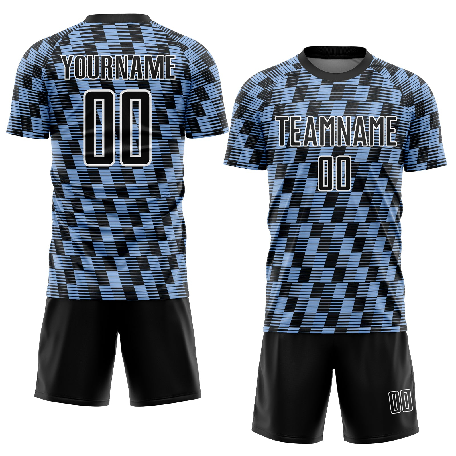 Custom Black Light Blue-White Line Sublimation Soccer Uniform Jersey