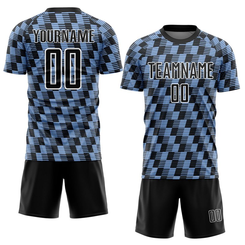 Custom Black Light Blue-White Line Sublimation Soccer Uniform Jersey