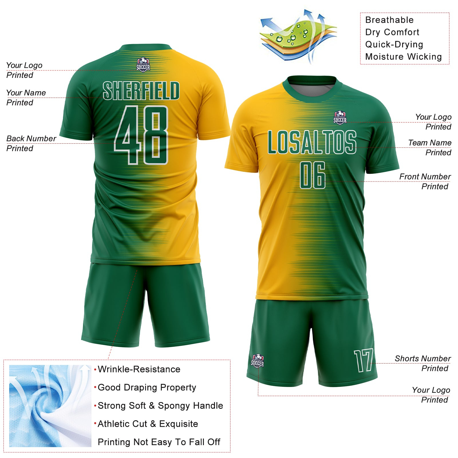 Custom Kelly Green Gold-White Gradient Line Sublimation Soccer Uniform Jersey