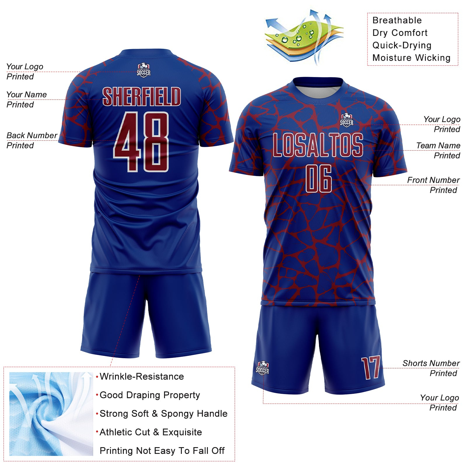 Custom Royal Crimson-White Abstract Network Splash Sublimation Soccer Uniform Jersey