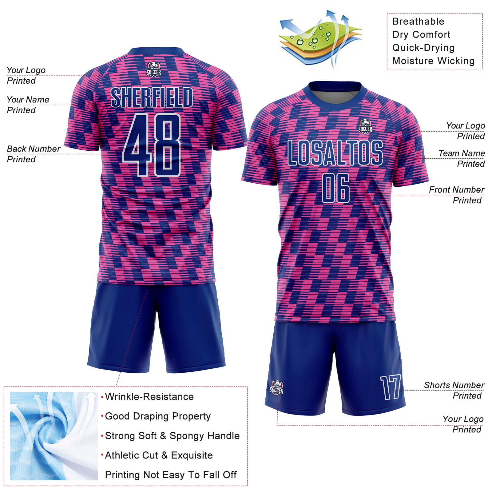 Custom Royal Pink-White Line Sublimation Soccer Uniform Jersey