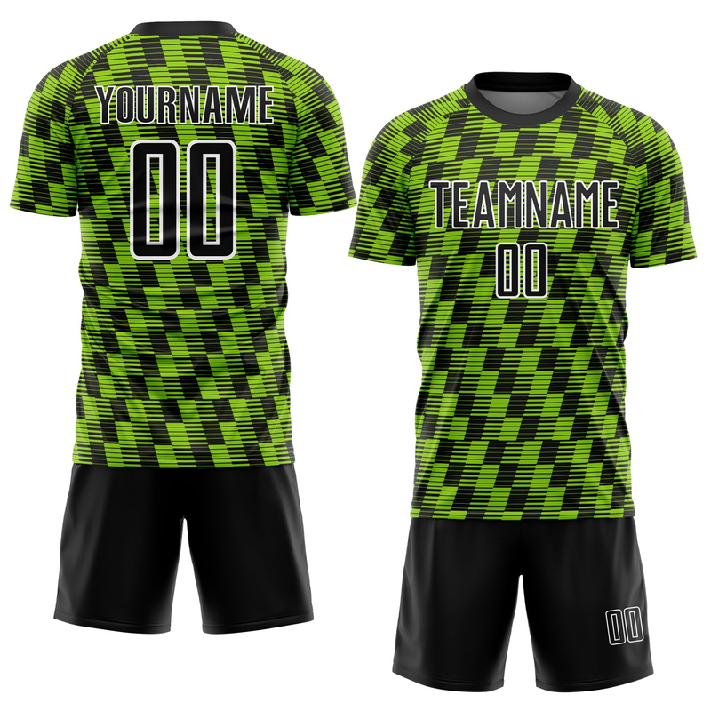 Custom Black Neon Green-White Line Sublimation Soccer Uniform Jersey