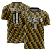 Custom Black Old Gold-White Line Sublimation Soccer Uniform Jersey