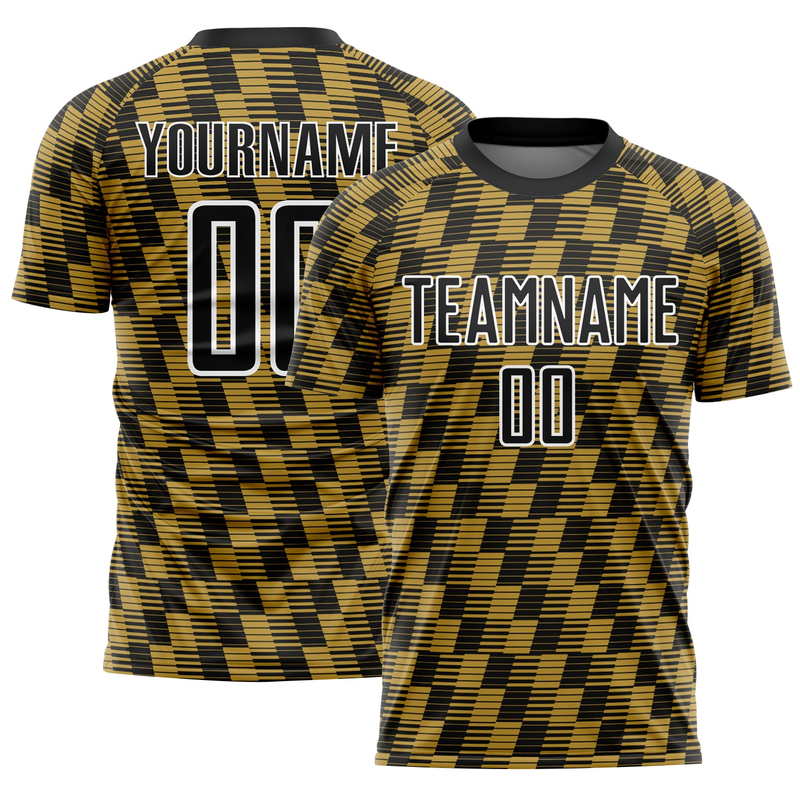 Custom Black Old Gold-White Line Sublimation Soccer Uniform Jersey