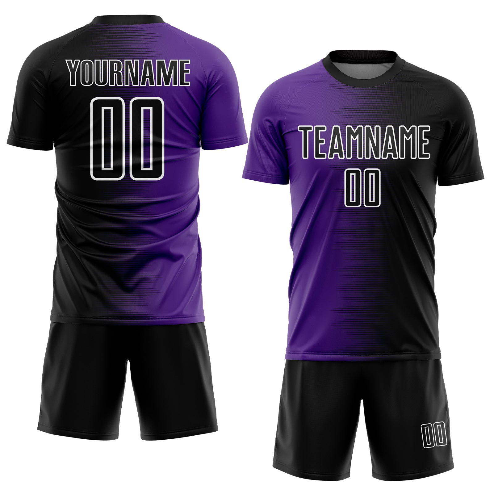 Custom Black Purple-White Gradient Line Sublimation Soccer Uniform Jersey