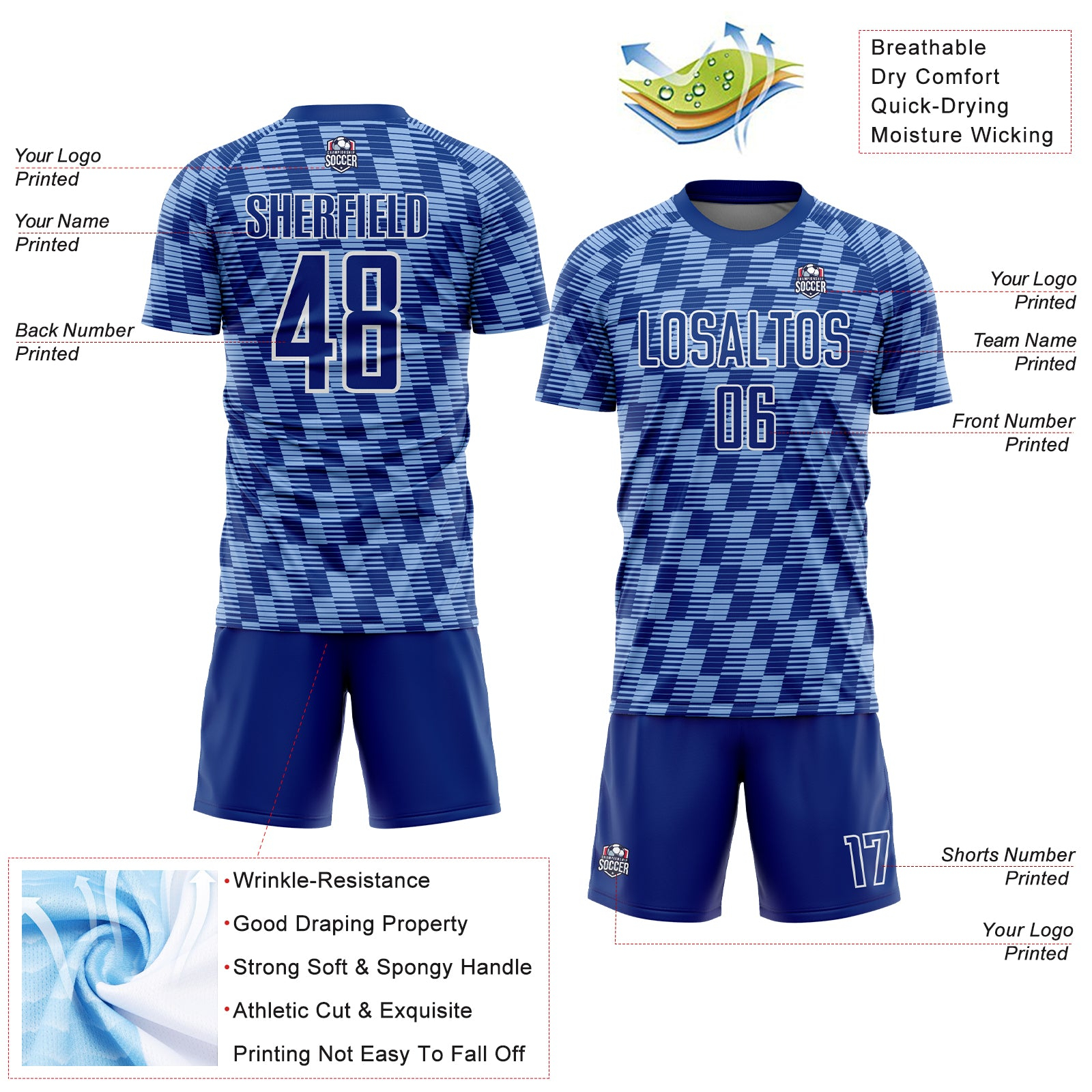 Custom Royal Light Blue-White Line Sublimation Soccer Uniform Jersey