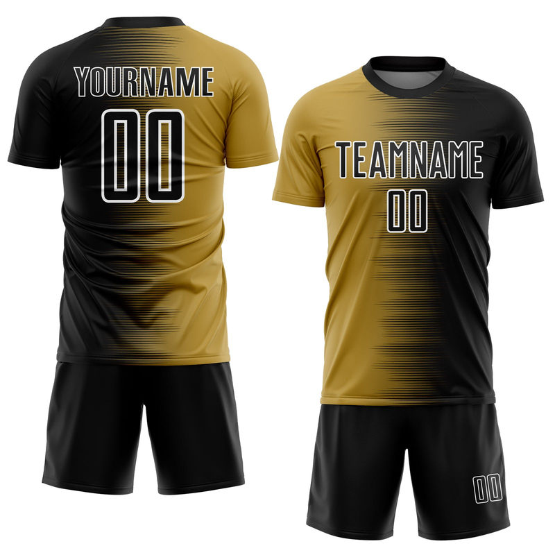 Custom Black Old Gold-White Gradient Line Sublimation Soccer Uniform Jersey