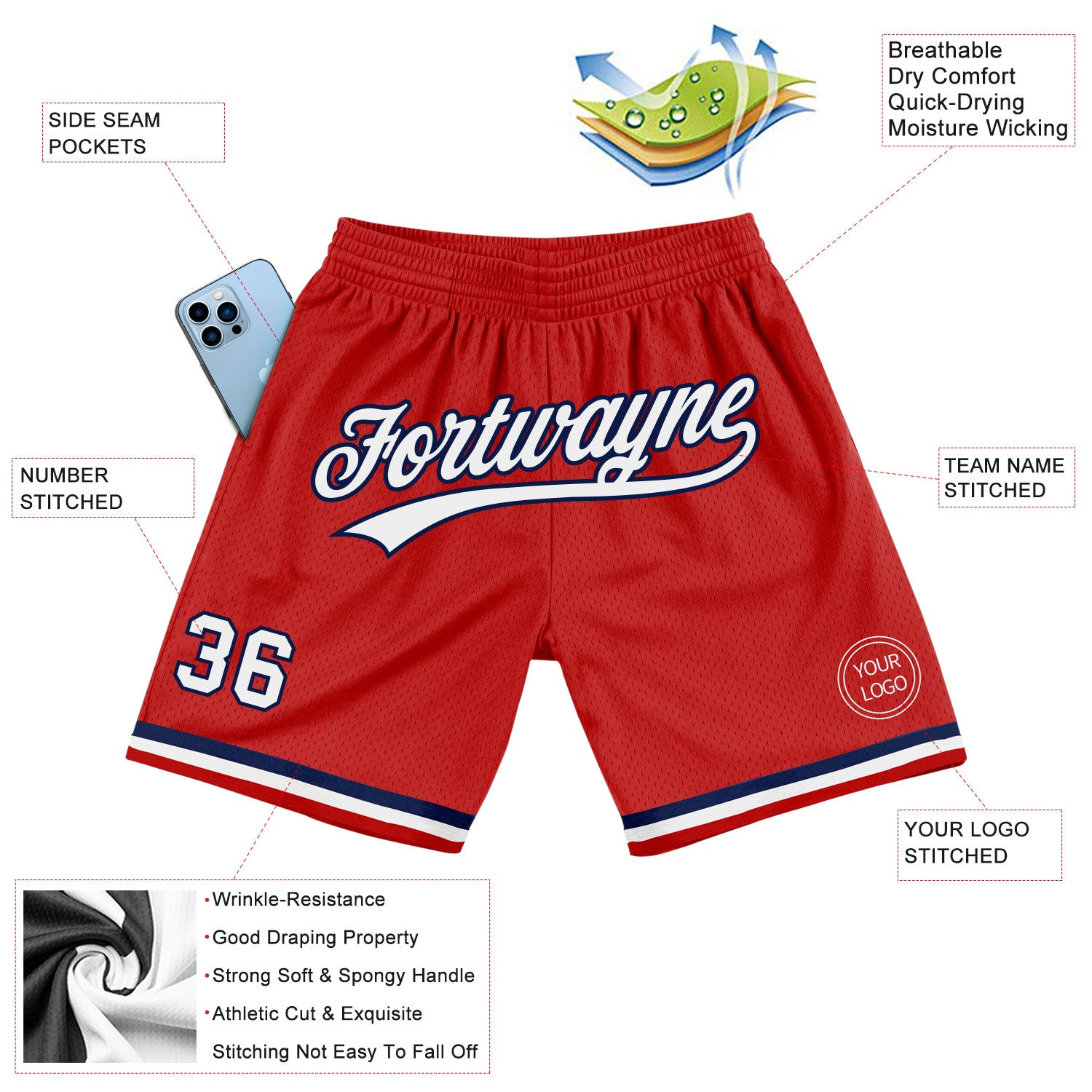 Custom Red White-Navy Authentic Throwback Basketball Shorts