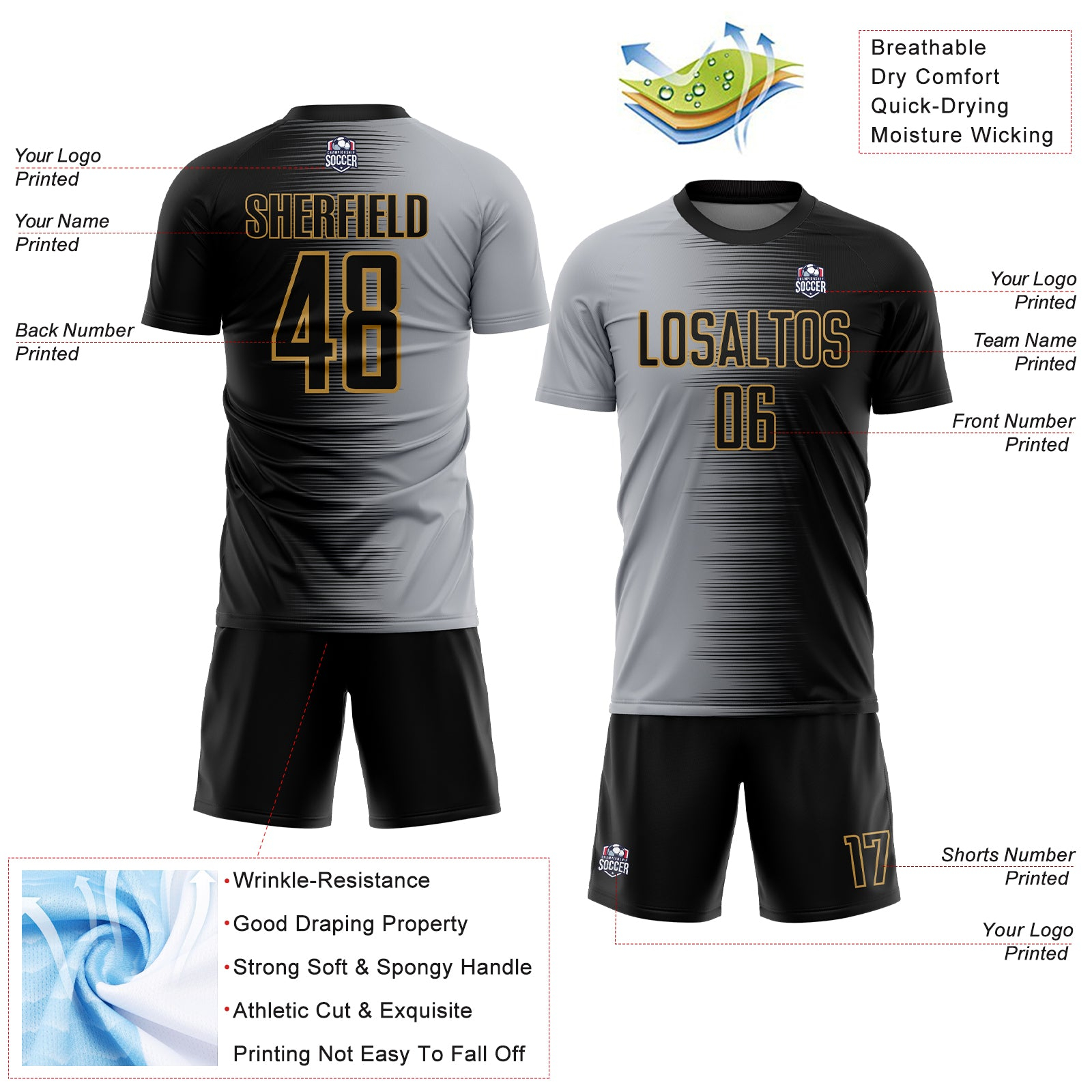 Custom Black Gray-Old Gold Gradient Line Sublimation Soccer Uniform Jersey