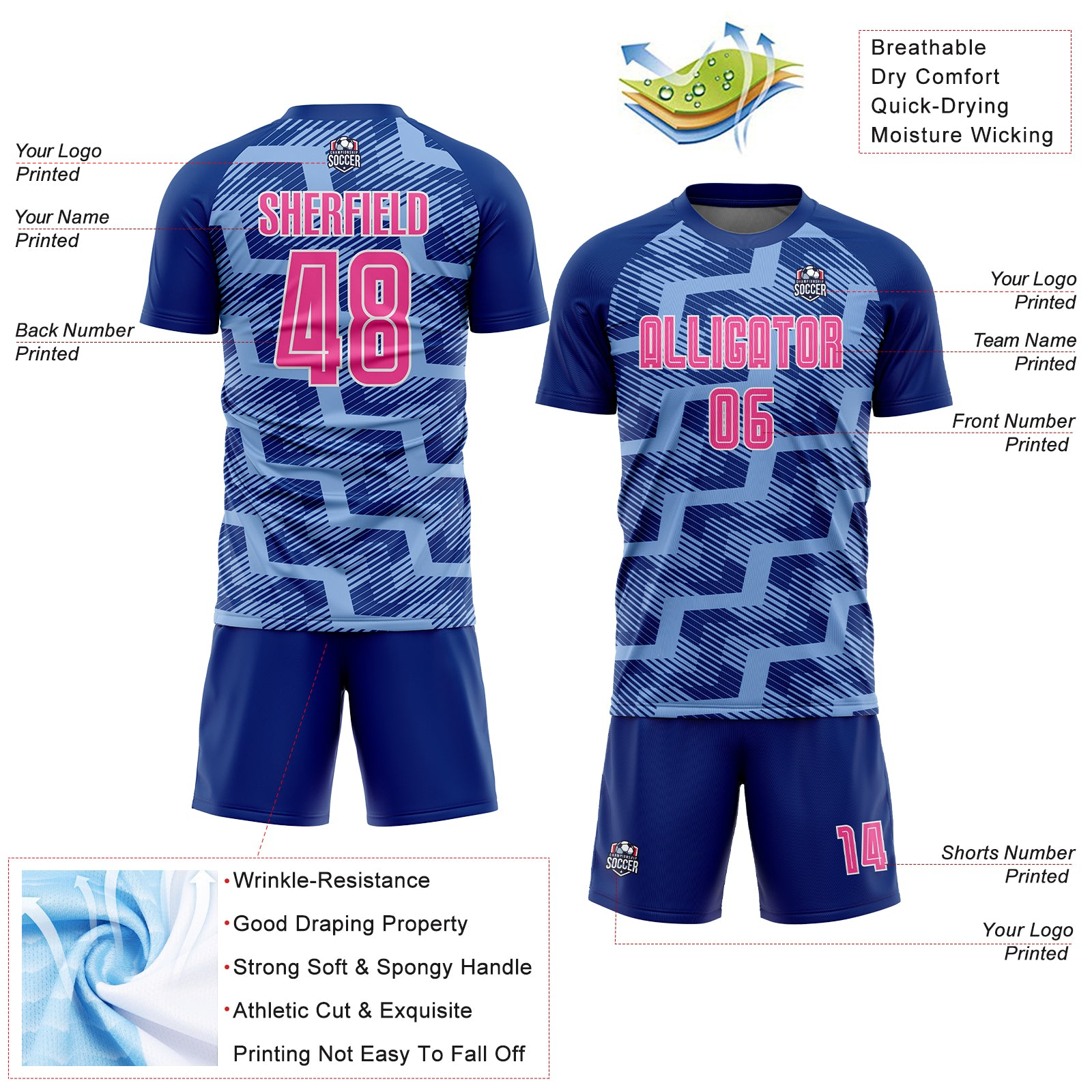 Custom Royal Pink-Light Blue Line Sublimation Soccer Uniform Jersey