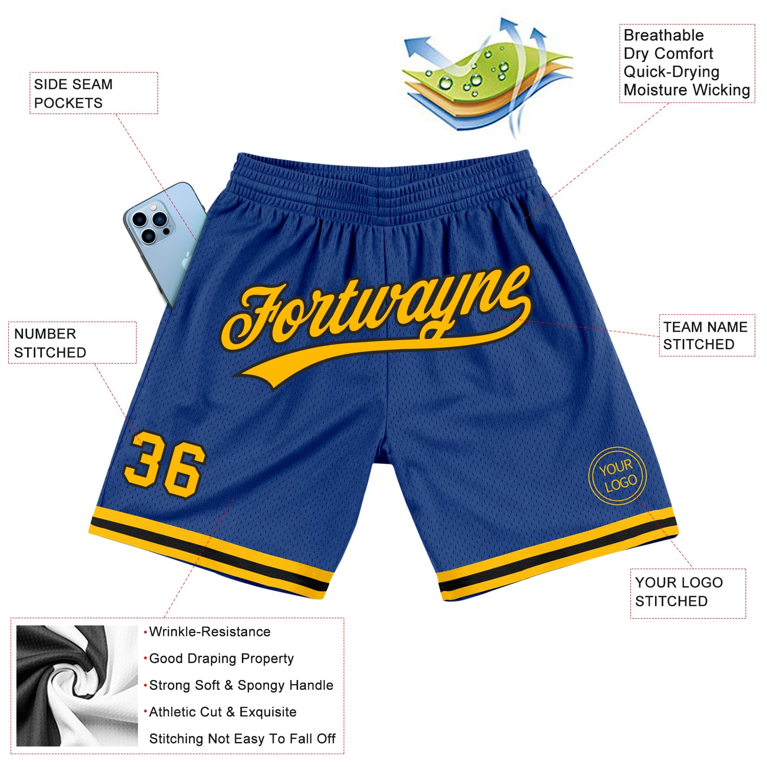Custom Royal Gold-Black Authentic Throwback Basketball Shorts