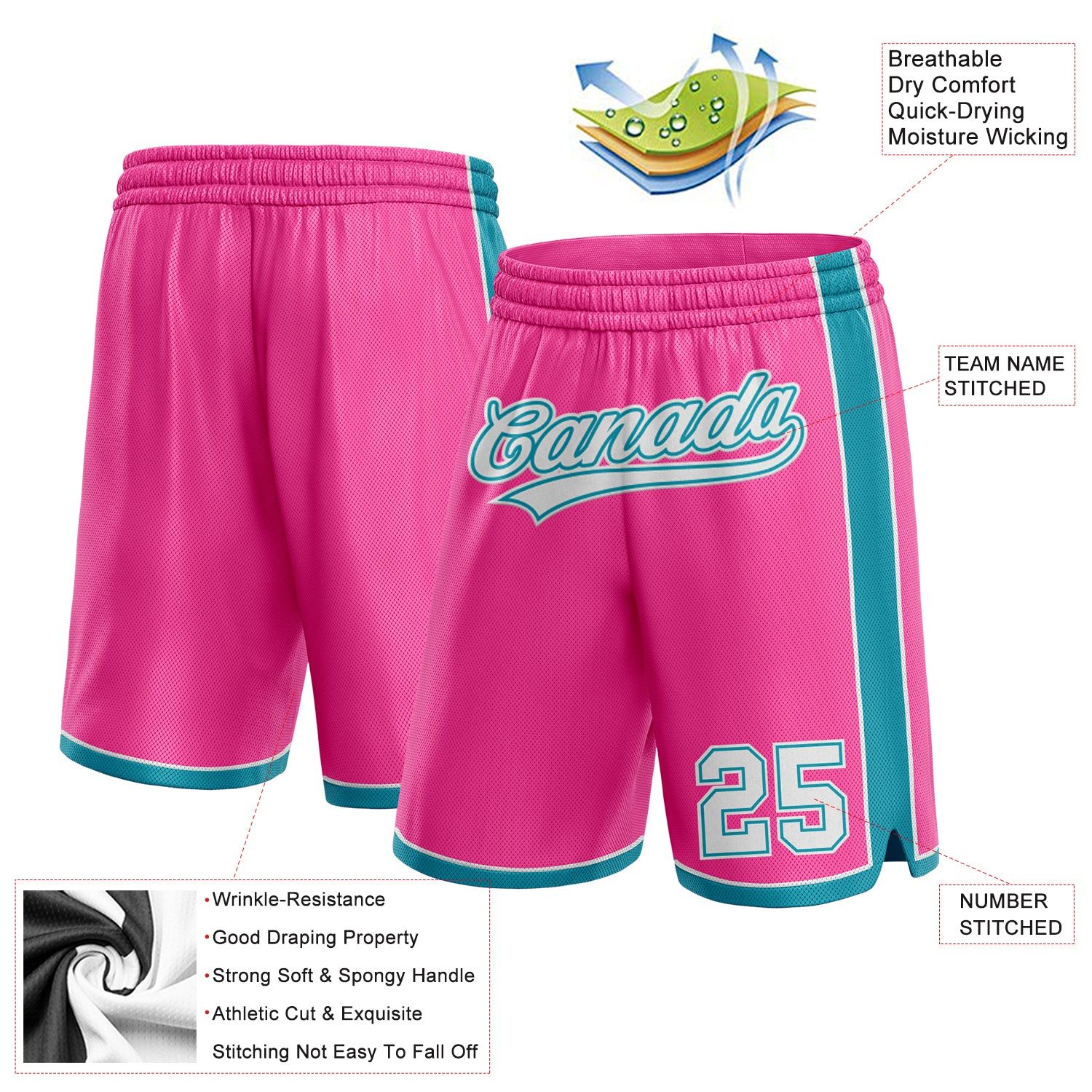 Custom Pink White-Teal Authentic Basketball Shorts