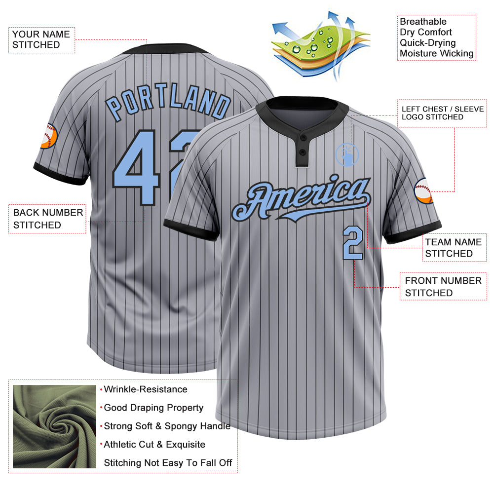 Custom Gray Black Pinstripe Light Blue Two-Button Unisex Softball Jersey