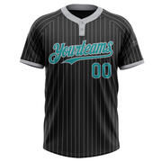 Custom Black Gray Pinstripe Teal Two-Button Unisex Softball Jersey