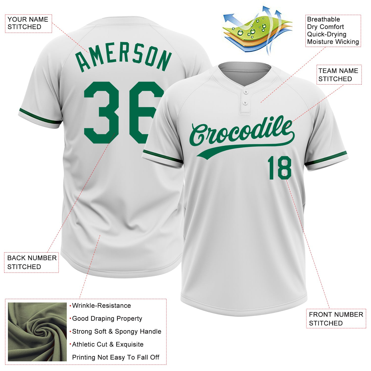 Custom White Kelly Green Two-Button Unisex Softball Jersey