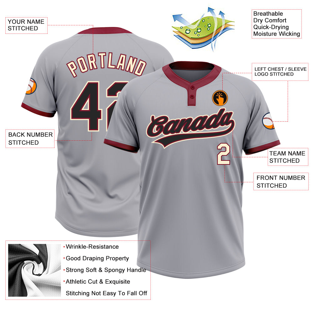 Custom Gray Black Crimson-Cream Two-Button Unisex Softball Jersey