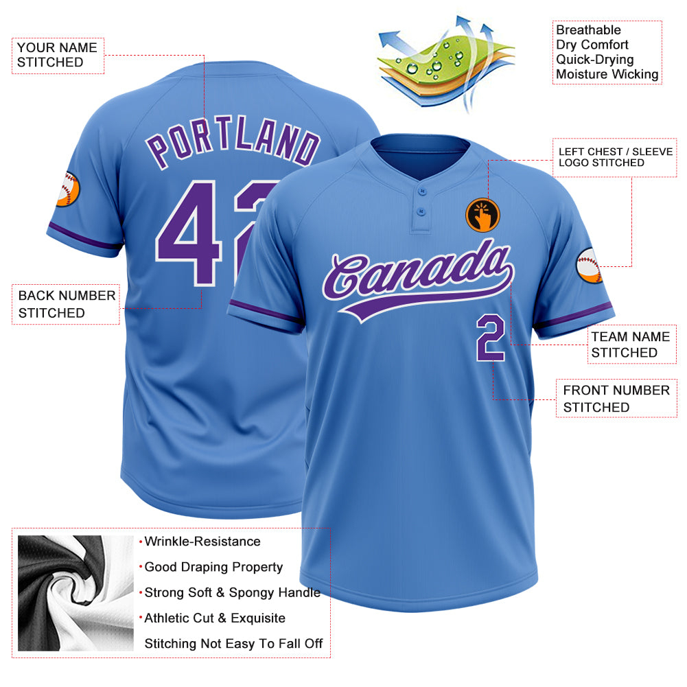 Custom Powder Blue Purple-White Two-Button Unisex Softball Jersey
