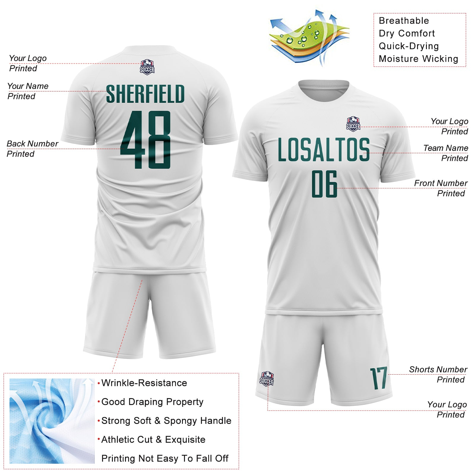Custom White Midnight Green Sublimation Soccer Uniform Jersey