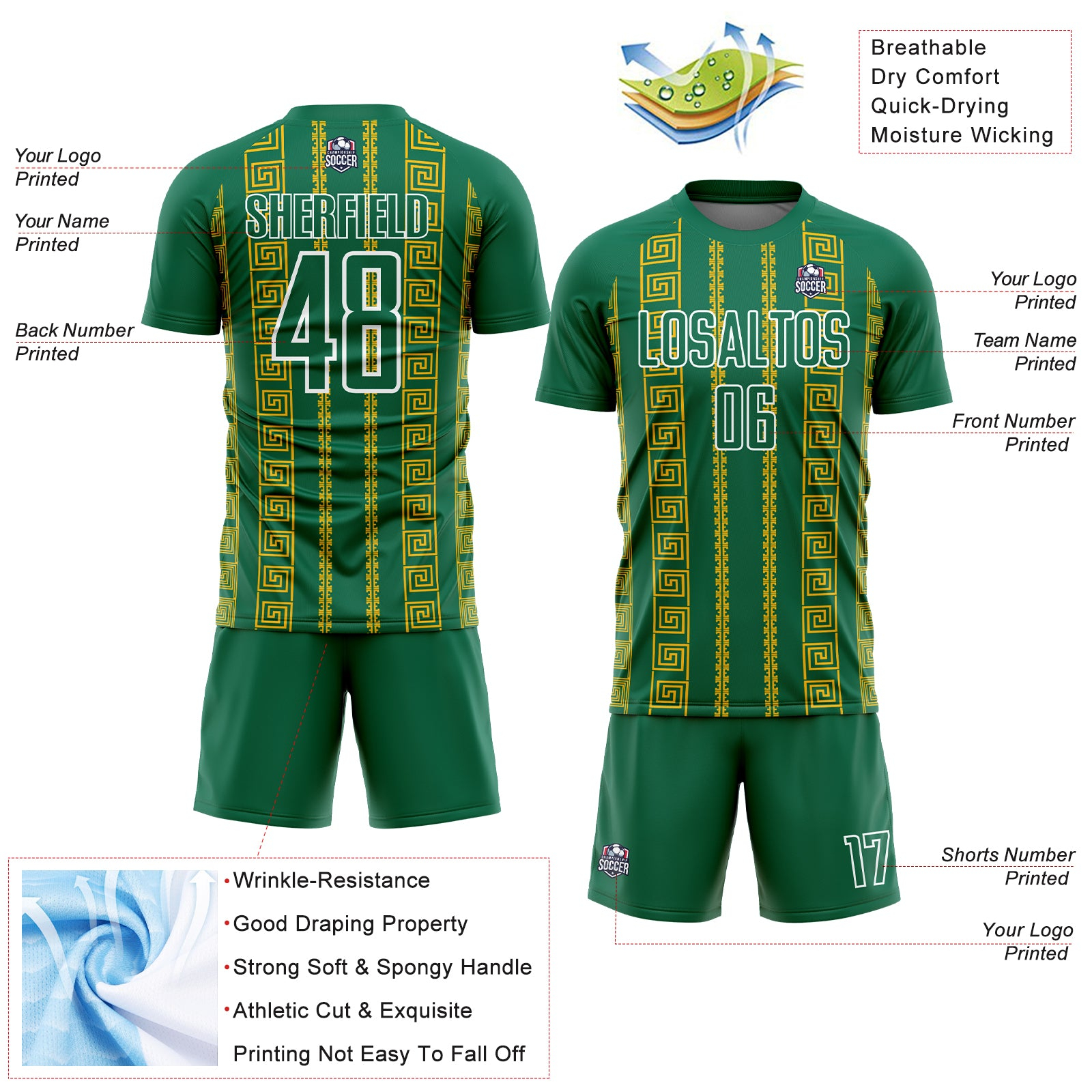 Custom Kelly Green Gold-White Geometric Shape Sublimation Soccer Uniform Jersey