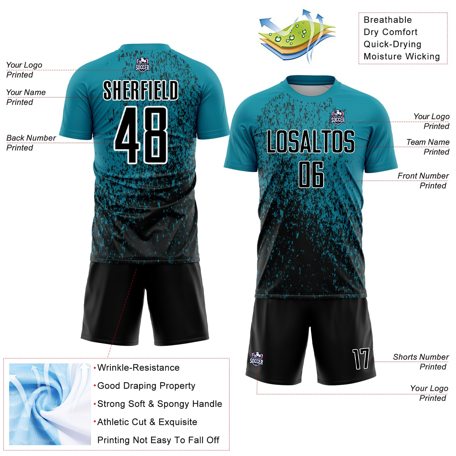 Custom Teal Black-White Abstract Fragment Art Sublimation Soccer Uniform Jersey