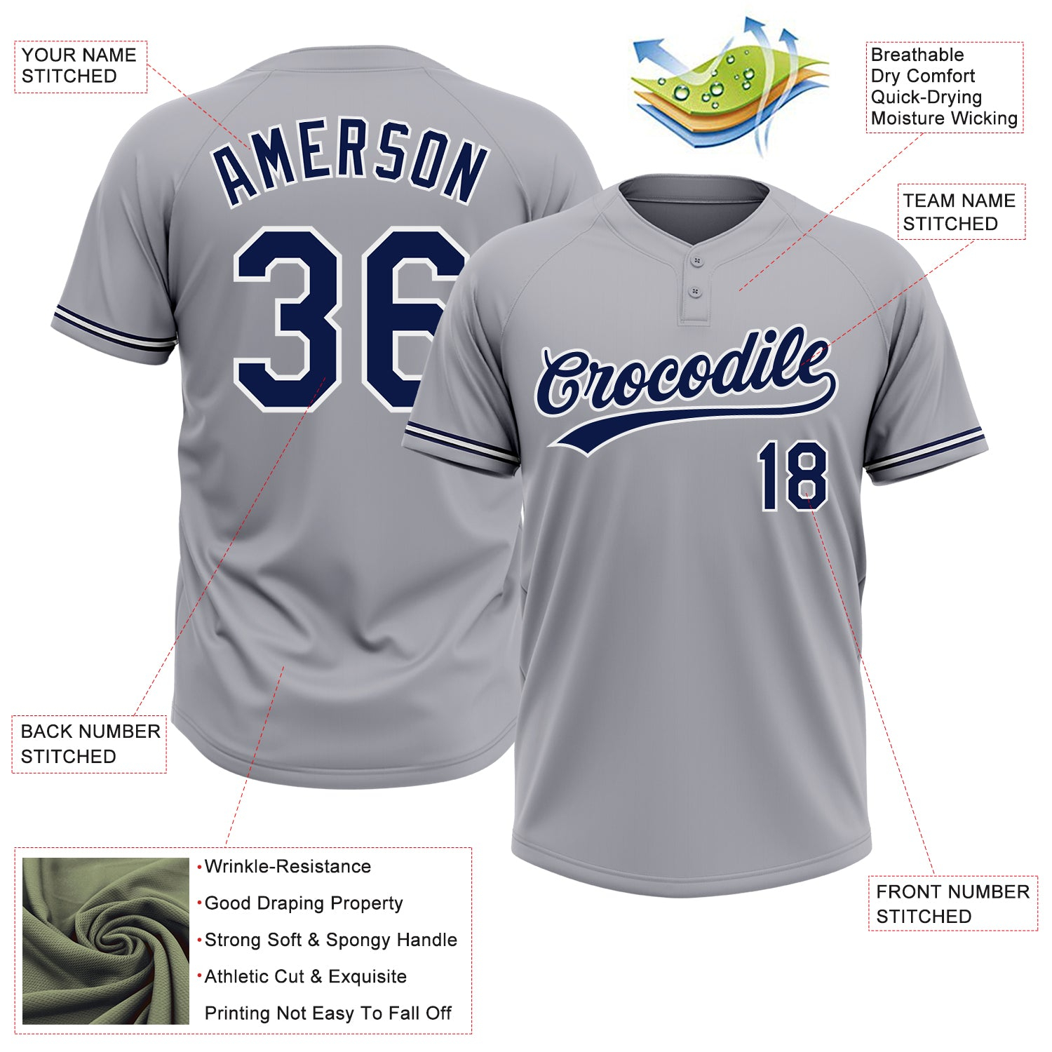 Custom Gray Navy-White Two-Button Unisex Softball Jersey