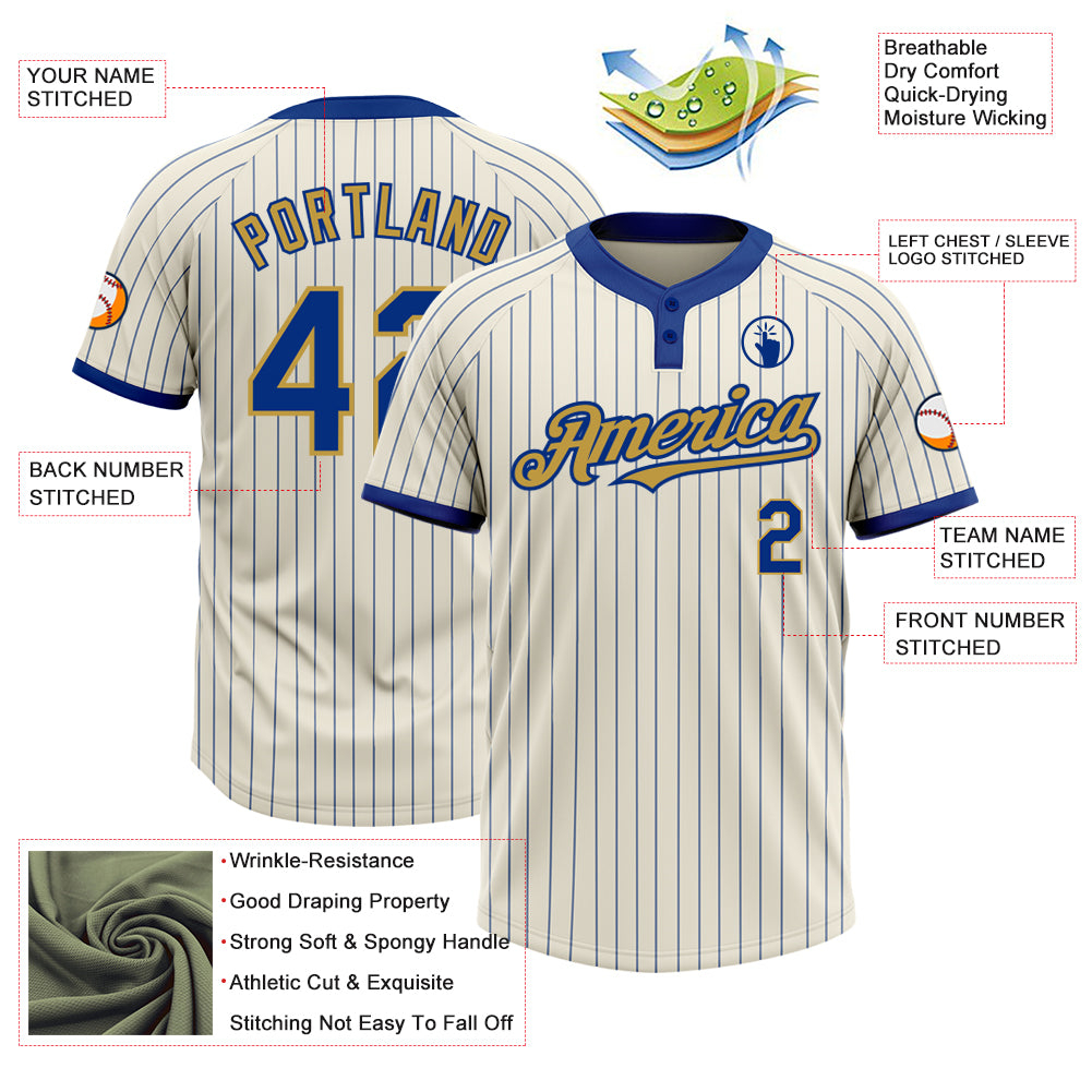 Custom Cream Royal Pinstripe Old Gold Two-Button Unisex Softball Jersey