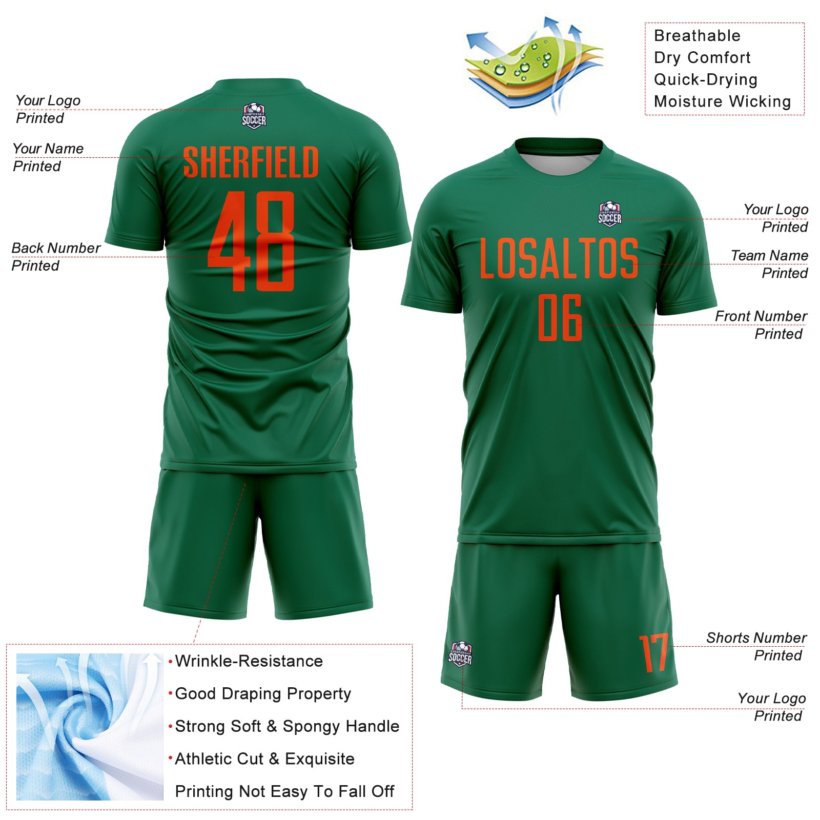 Custom Kelly Green Orange Sublimation Soccer Uniform Jersey