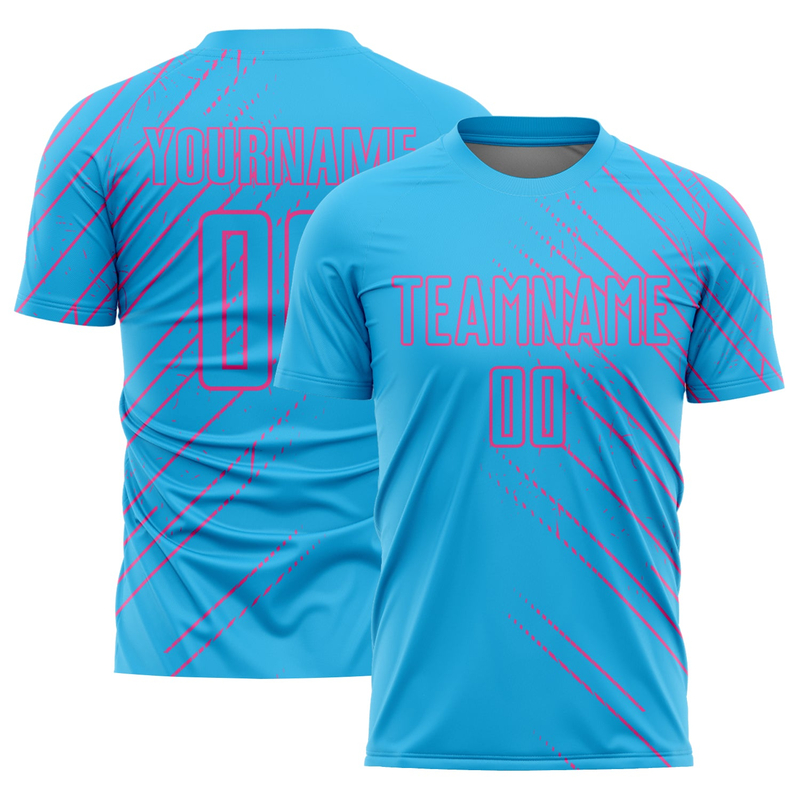 Custom Sky Blue Pink Lines Sublimation Soccer Uniform Jersey