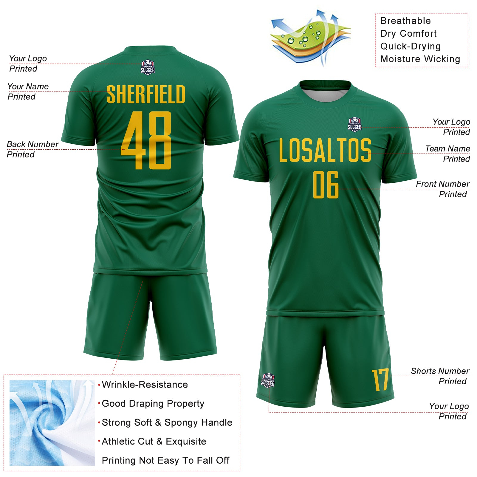 Custom Kelly Green Yellow Sublimation Soccer Uniform Jersey