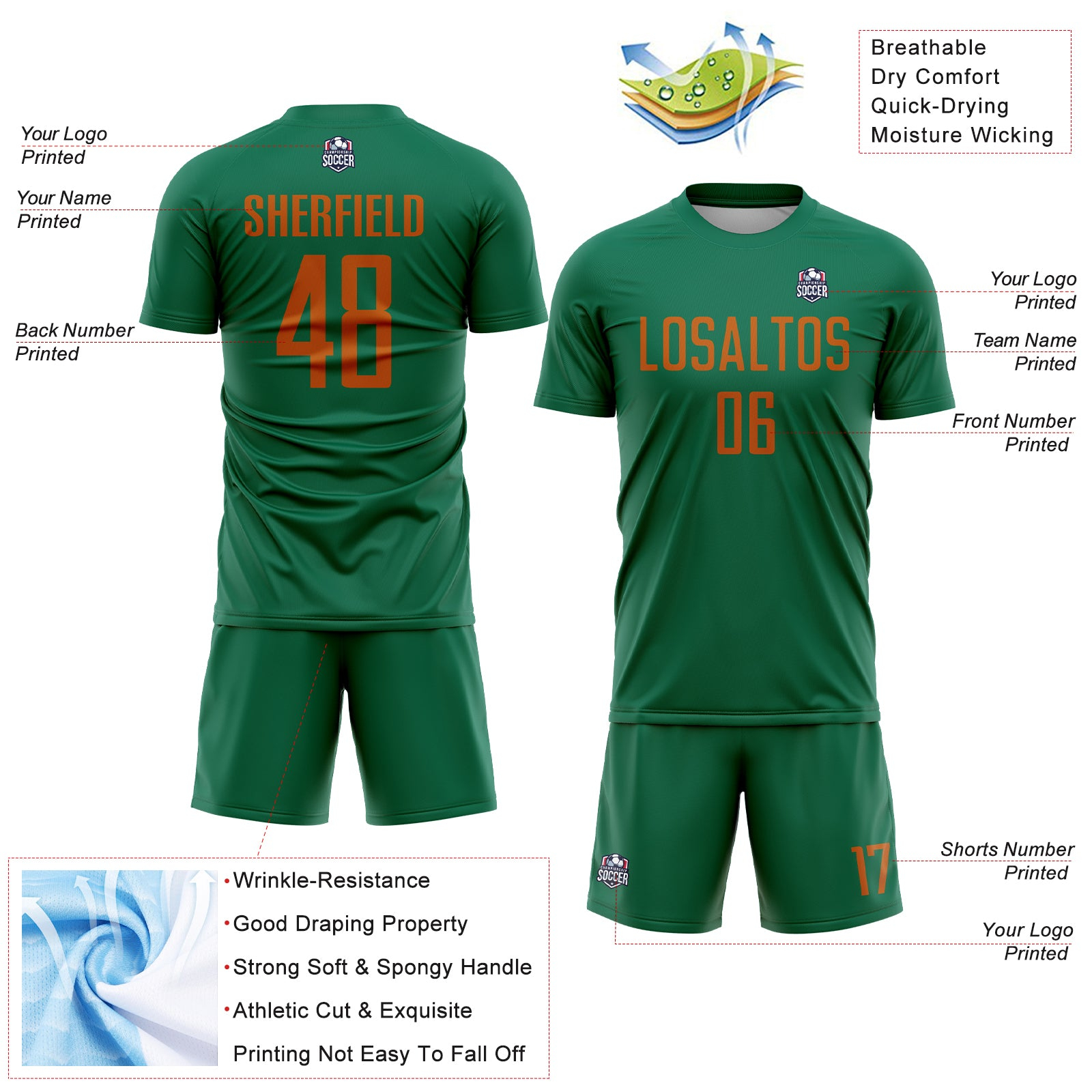 Custom Kelly Green Texas Orange Sublimation Soccer Uniform Jersey