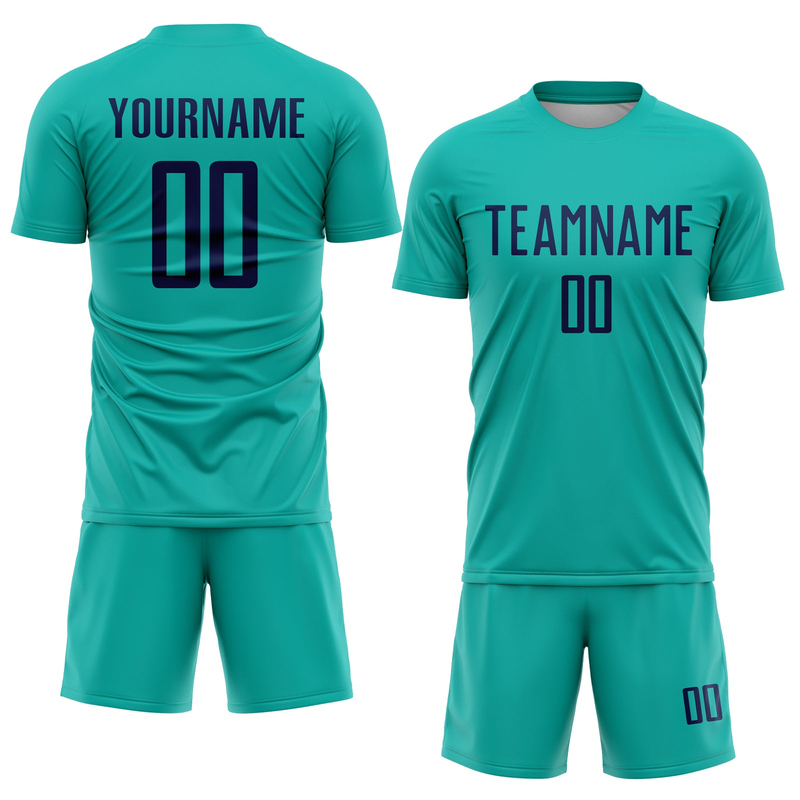 Custom Aqua Navy Sublimation Soccer Uniform Jersey
