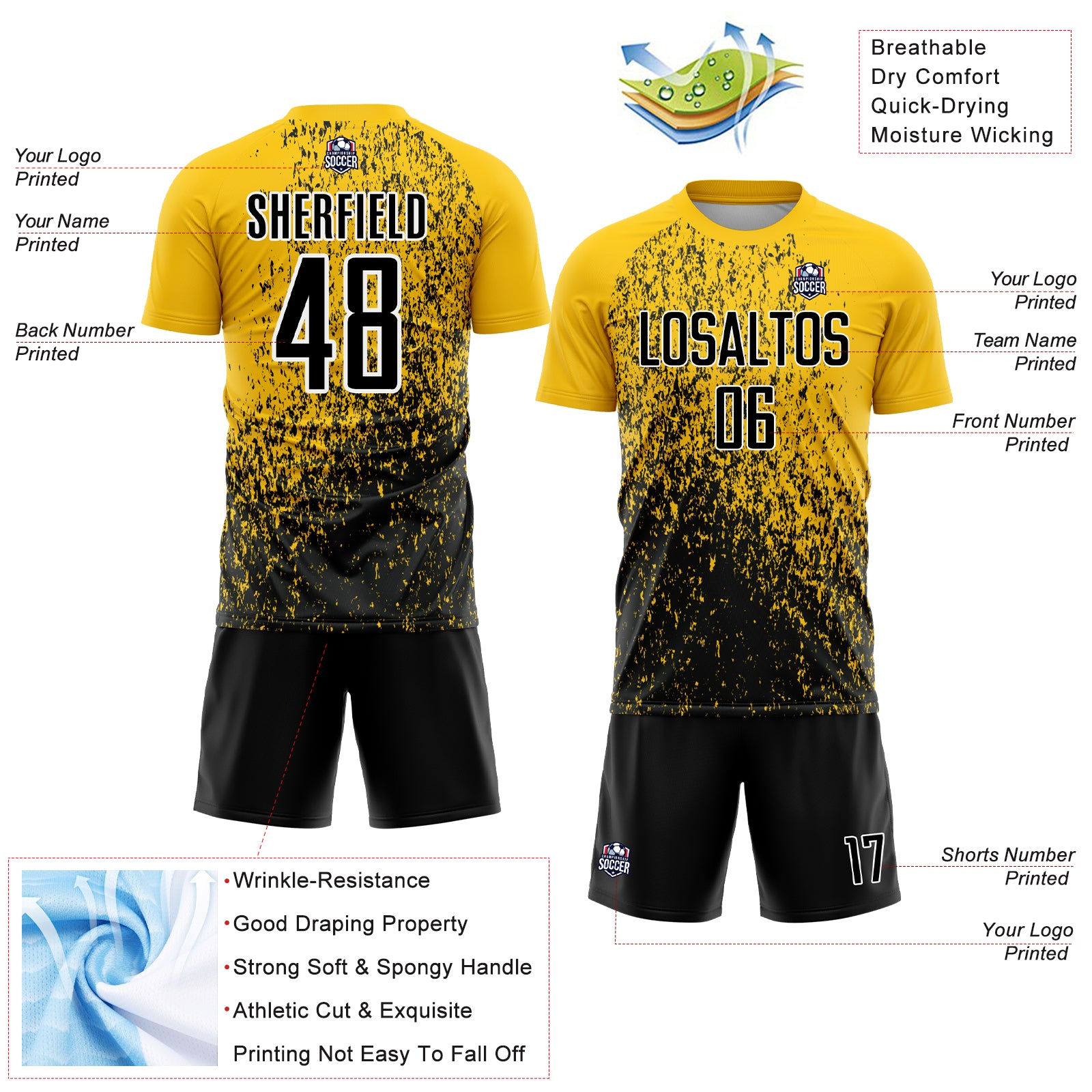 Custom Yellow Black-White Abstract Fragment Art Sublimation Soccer Uniform Jersey