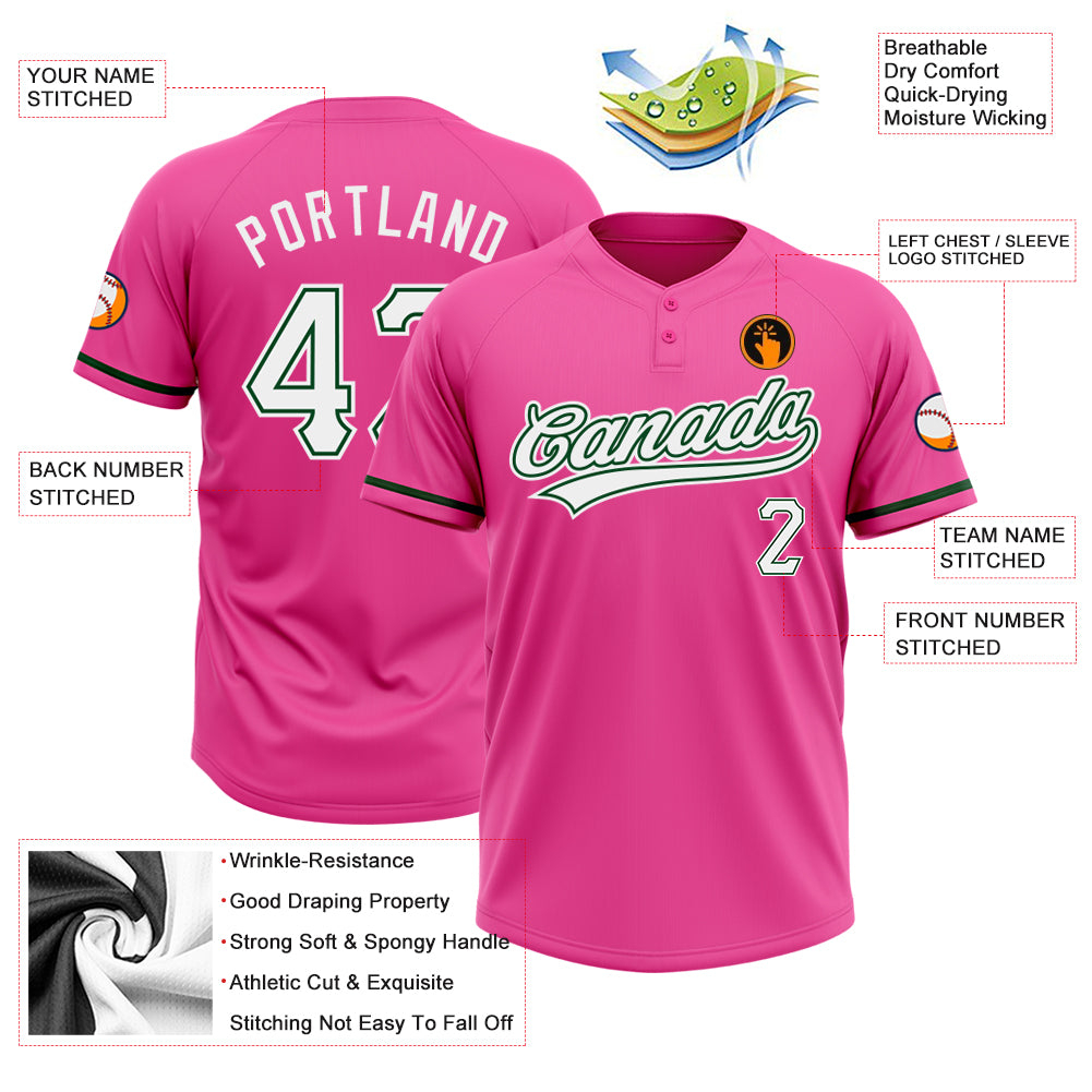 Custom Pink White-Green Two-Button Unisex Softball Jersey