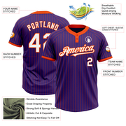 Custom Purple Orange Pinstripe White Two-Button Unisex Softball Jersey