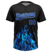 Custom Black Royal-Light Blue 3D Pattern Flame Two-Button Unisex Softball Jersey