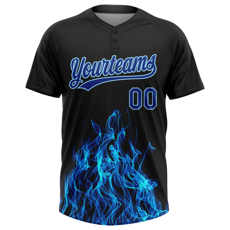 Custom Black Royal-Light Blue 3D Pattern Flame Two-Button Unisex Softball Jersey