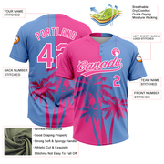 Custom Pink Light Blue-White 3D Pattern Hawaii Coconut Trees Two-Button Unisex Softball Jersey